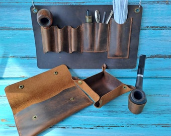 Leather Pipe Board Full Set, Leather Tobacco Bag, Tobacco Organizer, The Pipe Smokers, Wallet Tray, Pipe Stand, Pipe Accessorise