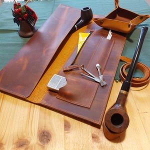 Churchwarden Leather Pipe Roll, Handmade Tobacco Pouch and Travel Pipe Case, Personalized Gift for Smokers