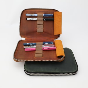 Handmade Leather 10-Slot Pen Case: Zippered Travel Pencil Bag