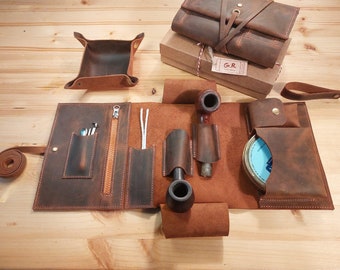 Leather Pipe Roll Up, Leather Pipe Pouch, Leather Pipe Bag, Full Set for 2-Pipe, Zippered Pipe Case,Tobacco Pouch,  Personalized Gift