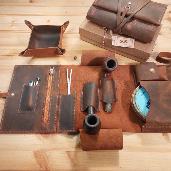 Enroulable pour pipe en cuir, Pochette en cuir pour pipe, Etui pour pipe en cuir, Ensemble complet pour 2 pipes, Étui à pipe avec fermeture à glissière, Pochette à tabac, Cadeau personnalisé