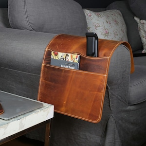 Handmade Leather Sofa Armrest Organizer, 3 Pocket Couch Caddy
