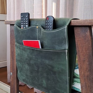 Green Leather Sofa Armrest Organizer, Handmade Sofa Caddy With Three Pockets for Book, Remote Control, Personalized Housewarming Gifts