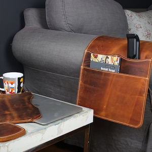 Leather Sofa Armrest Organizer, Handmade Sofa Caddy With Three Pockets for Book, Remote Control, Tablet, Personalized Housewarming Gifts