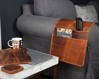 Leather Sofa Armrest Organizer, Handmade Sofa Caddy With Three Pockets for Book, Remote Control, Tablet, Personalized Housewarming Gifts