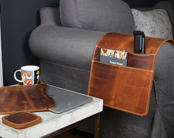 Leather Sofa Armrest Organizer, Handmade Sofa Caddy With Three Pockets for Book, Remote Control, Tablet, Personalized Housewarming Gifts