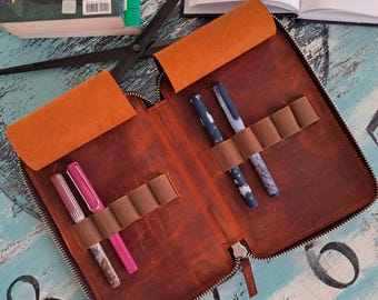 Handmade Leather 10-Slot Fountain Pen Case - Zippered Pencil Bag