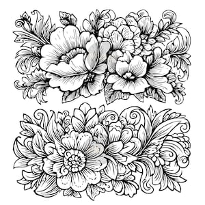 May include: Two black and white floral design elements. Detailed illustrations of flowers and leaves, with intricate line work. Suitable for craft projects, including digital art, scrapbooking, and printables.