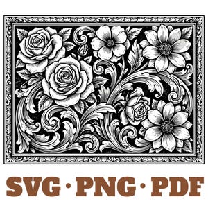Vintage Tooled Leather Rose Floral Pattern SVG: Western Line Art (Digital Download)