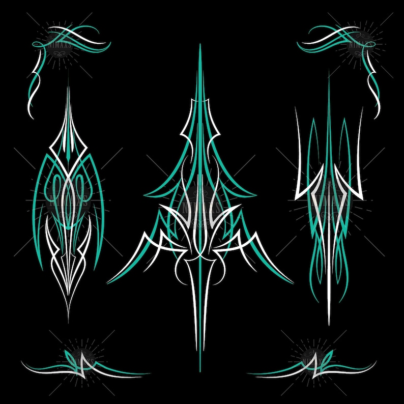 May include: A collection of teal and white pinstripe designs on a black background. The designs include symmetrical shapes, curves, and pointed elements, with a vintage aesthetic. The image features various pinstripe art elements.
