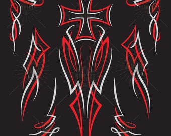 May include: A selection of red and white pinstripe designs on a black backdrop. The designs feature a cross, flame shapes, and corner accents. The artwork has a vintage, hot rod aesthetic.