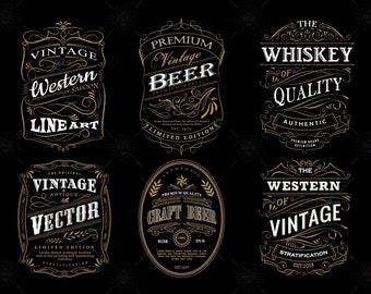 May include: Six vintage-style labels with ornate gold lettering and flourishes. The labels feature text such as "Vintage Western Saloon Line Art", "Premium Vintage Beer", "The Whiskey of Quality", "The Original Vintage Antique Vector", "Premium Quality Craft Beer", and "The Western of Vintage".