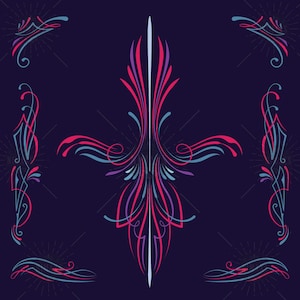 Może przedstawiać: Zestaw wzorów pinstriping w kolorze niebieskim, różowym i białym. Wzory są skomplikowane i szczegółowe, z zwojami i krzywiznami. Wzory idealnie nadają się do dodania odrobiny stylu do każdego projektu.