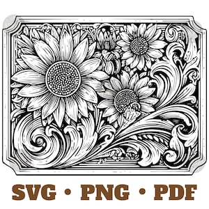 Könnte beinhalten: Schwarz-weißes Blumendesign mit Sonnenblumen und kunstvollen Schnörkeln. Das rechteckige Bild enthält den Text "SVG • PNG • PDF" in Braun, was auf digitale Dateiformate für das Kunstwerk hindeutet.