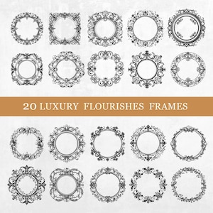 Puede incluir: Una colección de veinte marcos ornamentados con adornos en blanco y negro. Los marcos tienen varias formas, incluyendo redondas y cuadradas, con intrincados diseños florales y de volutas. El texto en la parte inferior dice "20 LUXURY FLOURISHES FRAMES."