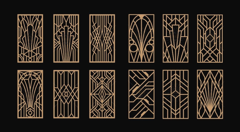 May include: Set of twelve geometric art deco style decorative panels. The panels are made of a light brown material and feature intricate geometric designs.