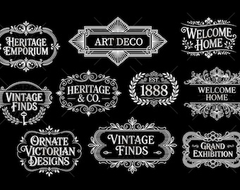 Set of Vintage Banner Ornate Victorian Label Hand Drawn Retro PNG