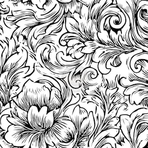 May include: A monochrome floral pattern with intricate line art. The design showcases swirling leaves, flowers, and ornate scrollwork, creating a classic, elegant aesthetic. The high-contrast design is suitable for various applications.