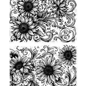 May include: Black and white linocut print featuring sunflowers and ornate floral scrollwork. The design includes multiple sunflowers with detailed petals and dark centers, surrounded by swirling leaves and decorative flourishes.