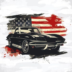May include: Illustration of a black vintage sports car with white accents, set against a backdrop of the American flag. The artwork features a classic car design with a patriotic theme, using red, white, and blue colors.