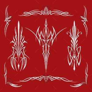 May include: A set of five white pinstripe designs on a red background. The designs are stylised and abstract, resembling flames and swirls. These designs are perfect for adding a custom touch to cars, motorcycles, or other vehicles.