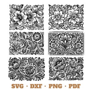 May include: Six black and white rectangular panels with floral patterns. Each panel displays detailed botanical illustrations of flowers and leaves. The image includes the text "SVG • DXF • PNG • PDF".