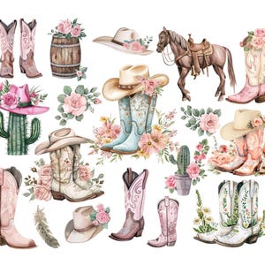 Può includere: Illustrazione ad acquerello con stivali da cowboy, cappelli, un cavallo con sella, un cactus e composizioni floreali. Gli stivali e i cappelli sono nei toni del rosa, bianco e marrone, con accenti floreali. Il cavallo è marrone e il cactus è verde.