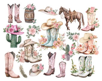 Aquarell Cowgirl Stiefel Clipart: Western PNG Set (Digitaler Download