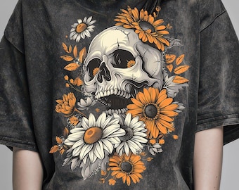 Vintage Skull with Daisy Flowers PNG – Gothic Floral Halloween Clipart – Transparent Background Digital Download