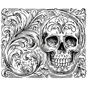 Peut inclure: Illustration en noir et blanc d'un crâne orné de volutes florales. Le crâne est centré, avec des ombres détaillées et des dents visibles. Le cadre est orné de motifs élaborés de feuilles et de vignes.