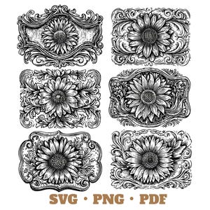Puede incluir: Diseños florales en blanco y negro con girasoles en marcos ornamentados. La imagen incluye seis diseños rectangulares diferentes con arte lineal detallado. La parte inferior de la imagen incluye el texto "SVG • PNG • PDF".