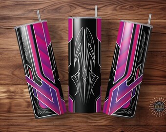 May include: Three stainless steel tumblers with a black and pink geometric design. The design features pinstripes and a white outline.