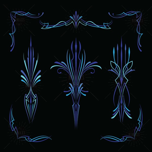 Set of blue Pinstriping svg for Pinstriping vinyl decals, Motorcycle and car pinstripe, vintage hand drawn art SVG EPS PNG