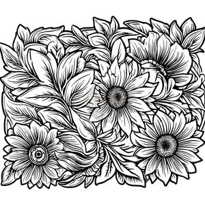 May include: Black and white floral illustration featuring sunflowers and leaves. The detailed line art creates a textured effect, with the flowers' centers and petals clearly defined. The design is suitable for various applications.