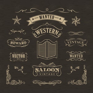 May include: A set of vintage western design elements, including saloon doors, stars, banners, and floral flourishes. The text "WANTED", "WESTERN", "REWARD", "VINTAGE", "VECTOR", and "SALOON" is included in the design.