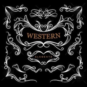Pode incluir: Um conjunto de elementos de design western brancos sobre um fundo preto. Os elementos incluem redemoinhos, floreios e molduras. A palavra "WESTERN" está escrita em texto castanho.