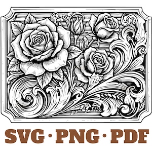 May include: A monochrome floral design with roses and decorative scrollwork, framed within a rectangle. The image includes the text "SVG • PNG • PDF" in brown, indicating digital file formats.