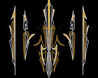 May include: A collection of stylized pinstripe designs in gold and white against a black background. The designs feature sharp angles and flowing lines, creating a vintage or retro aesthetic. Ideal for automotive or custom design projects.