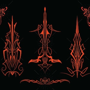 May include: Set of five pinstripe designs in a bright orange colour. The designs are intricate and detailed, featuring swirls, curves, and points. These designs are perfect for adding a custom touch to cars, motorcycles, or other vehicles.