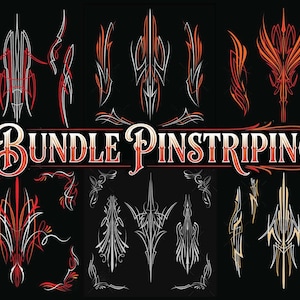 May include: A selection of pinstripe designs in red, white, and orange against a black backdrop. The designs are diverse, ranging from symmetrical to asymmetrical, with the text "BUNDLE PINSTRIPING" in an ornate font.