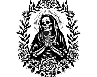 Skeleton Woman Praying SVG PNG, Floral Tattoo Design, Day of the Dead Clipart