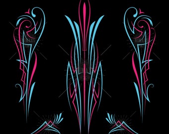 May include: A set of three pinstripe designs in blue and pink. The designs are stylized and abstract, resembling flames or flowers.