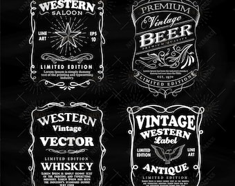 Set of Western Hand Drawn Frame Whiskey Label Blackboard