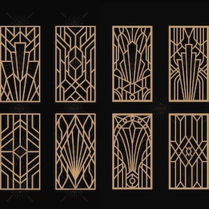 Puede incluir: Una colección de doce diseños geométricos de estilo Art Déco en color dorado, sobre un fondo negro. Cada diseño es un panel rectangular único con líneas y formas intrincadas.