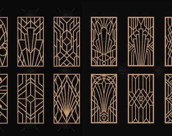May include: A collection of twelve Art Deco-style geometric designs in a warm gold color, set against a black background. Each design is a unique rectangular panel with intricate lines and shapes.