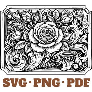 May include: A detailed black and white floral illustration, showcasing roses and foliage within a rectangular border. The image includes the text "SVG • PNG • PDF" in brown, suggesting digital file formats for creative projects.
