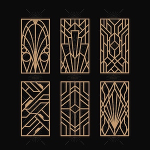 May include: Six different geometric designs in a gold colour on a black background. The designs are all rectangular and have a variety of patterns, including lines, circles, and squares.