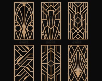 May include: Six different geometric designs in a gold color on a black background. The designs are all rectangular and have a variety of patterns, including lines, circles, and squares.