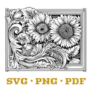May include: Black and white floral design featuring two sunflowers and ornate leaves within a rectangular frame. The image includes the text "SVG • PNG • PDF" in gold.