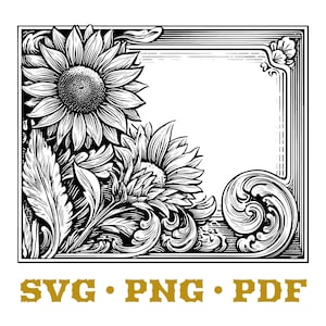 Puede incluir: Diseño de marco floral en blanco y negro con dos girasoles y adornos ornamentados. El marco incluye el texto "SVG • PNG • PDF" en dorado.